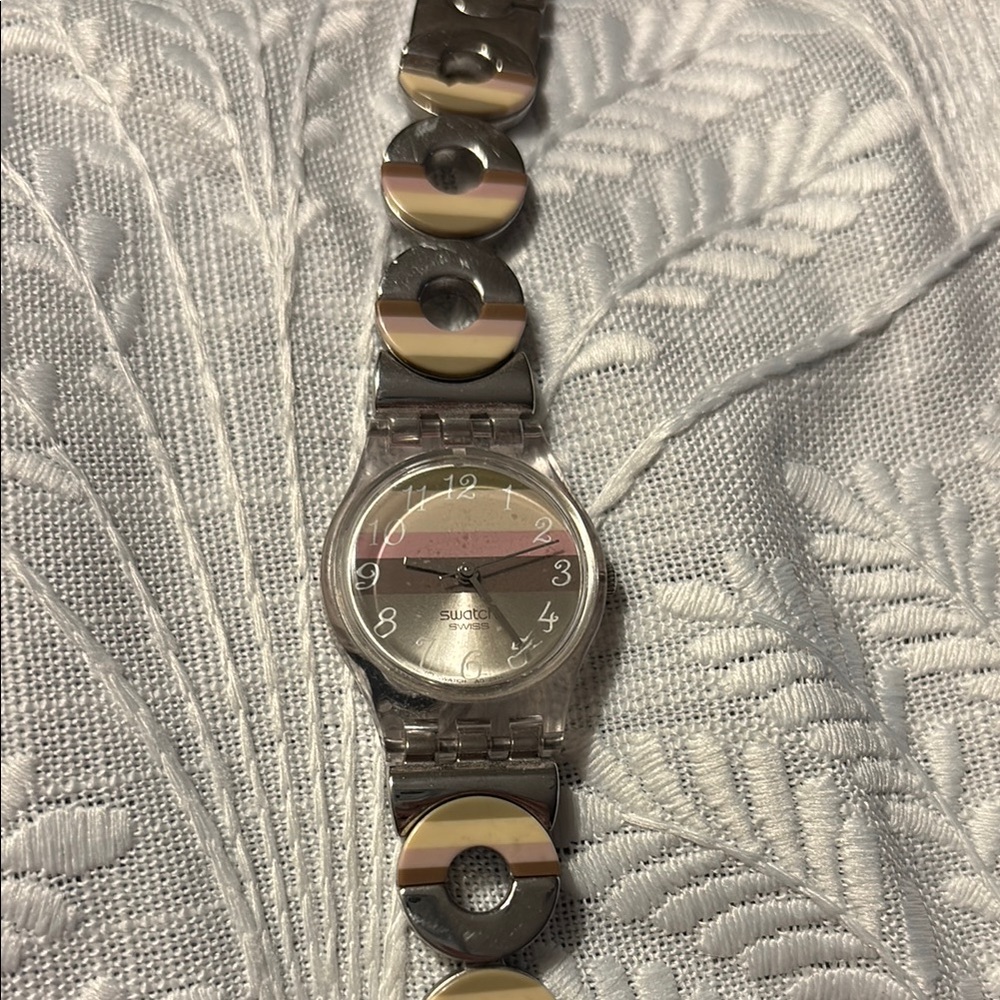 Swatch Women's Watch - Silver, Tan and Pink
